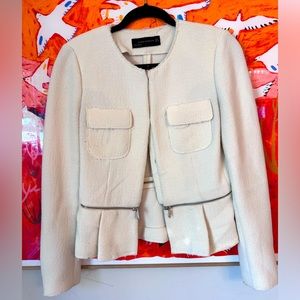 Cream Textured Blazer with Frayed Detailing